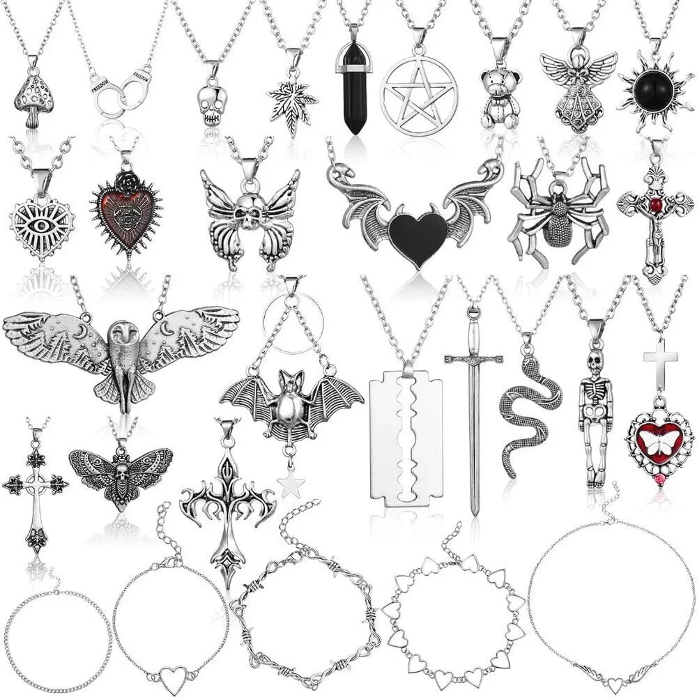 30 Pieces Goth Necklace Set Alloy Brass Y2K Grunge Punk Halloween Festival